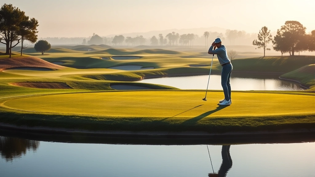 Golfer putting on perfectly manicured green with water hazard and bunkers visible in soft morning light, serene course landscape