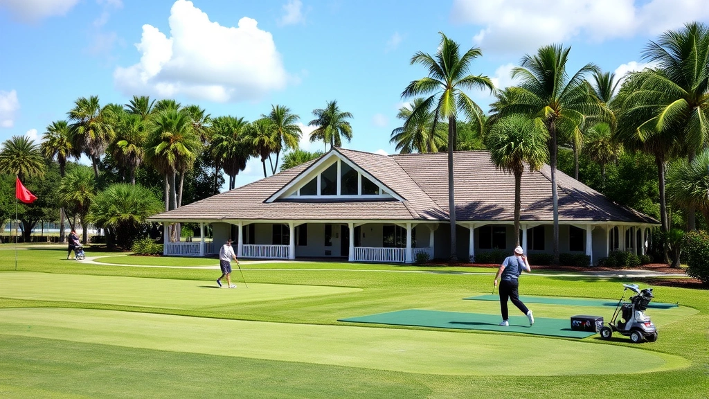 Golf course clubhouse with well-maintained practice range, players warming up, palm trees and Florida landscape visible