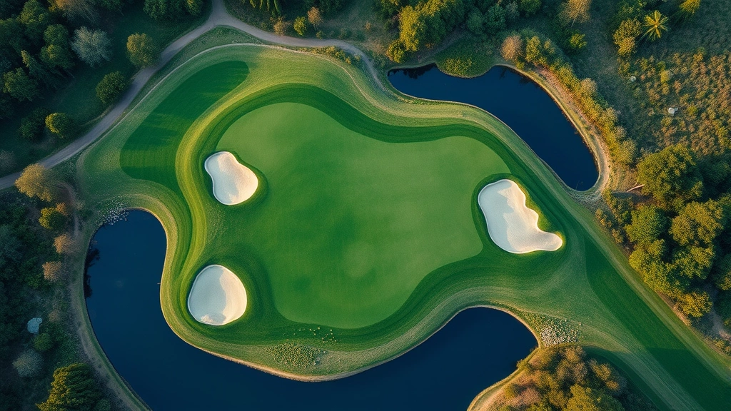 Aerial view of scenic golf course hole with strategically placed bunkers, water features, and natural vegetation surrounding fairway