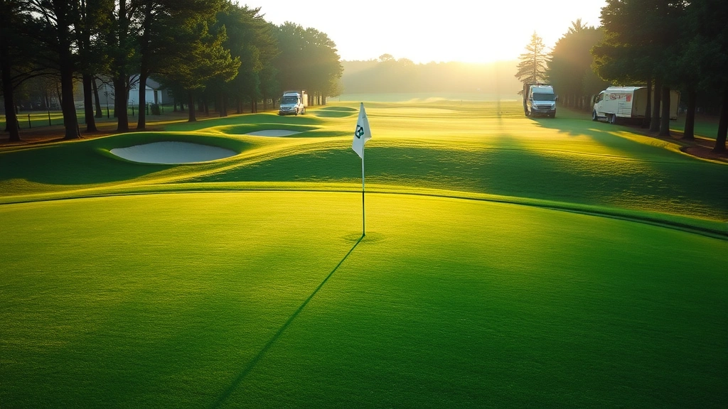 Pristine green with flag marker, sand bunkers visible, course maintenance equipment in distance, morning sunlight on fairway