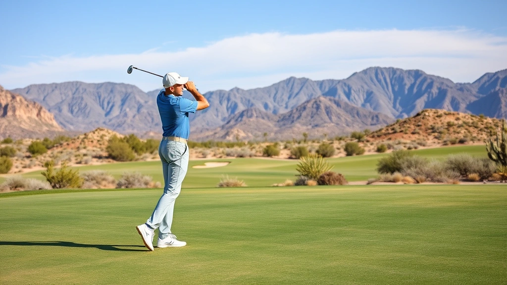 Golfer in proper stance position on desert golf course with mountains in background, natural lighting, wide fairway, teaching moment