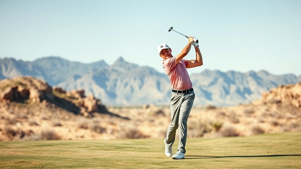 Professional golfer mid-swing on desert fairway with mountains in background, clear sunny day, focused expression