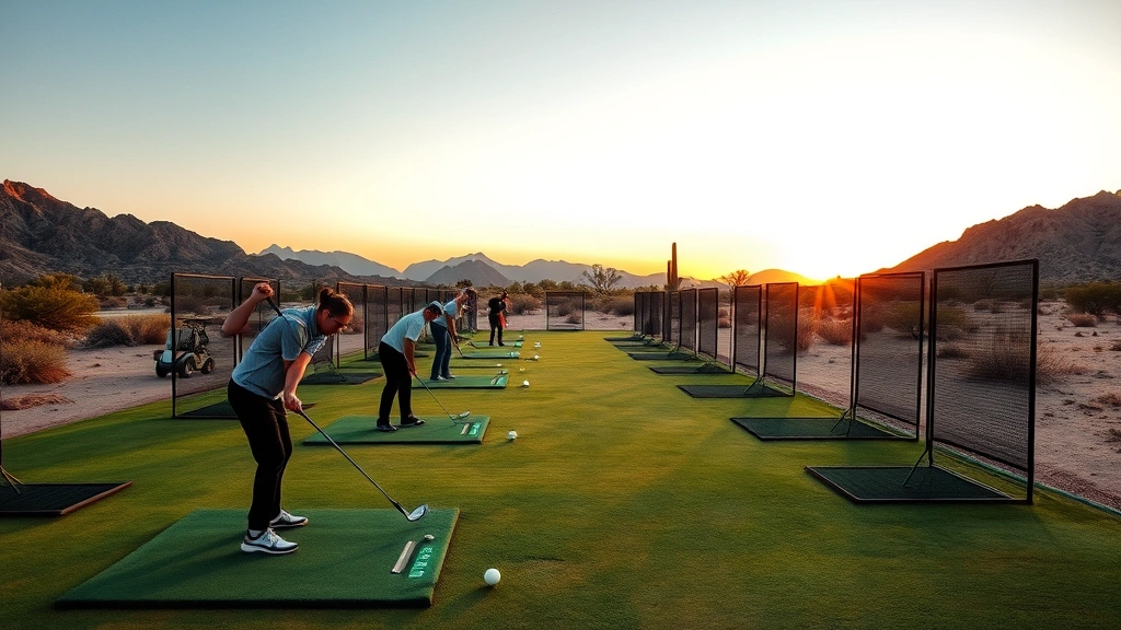 Practice range with golfers hitting balls at sunset in desert setting, multiple hitting stations, natural landscape, skill development