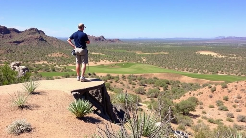 Golfer standing on elevated tee box overlooking desert landscape with native vegetation and fairway below