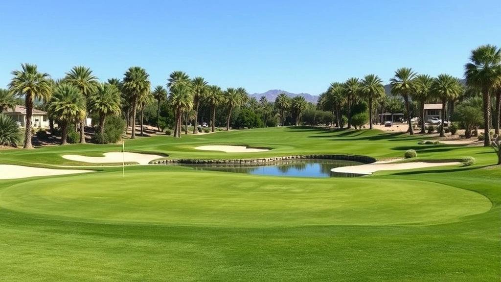 Desert Willow green with bunkers and water hazard, pristine putting surface, palm trees, championship course conditions, natural beauty