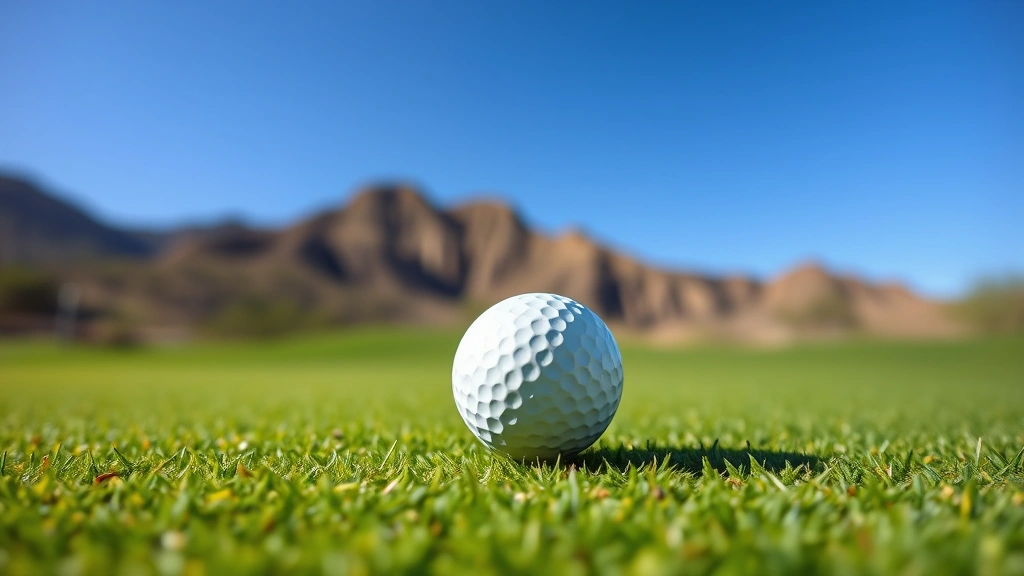 Close-up of golf ball on manicured green with desert mountain scenery and clear blue sky in background