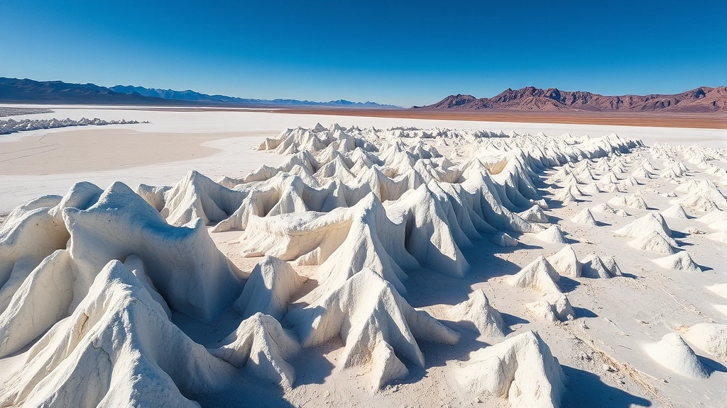 Aerial view of sharp, jagged salt pinnacles at Devil's Golf Course in Death Valley, showing the distinctive white and tan mineral formations stretching across the desert landscape with clear blue sky above