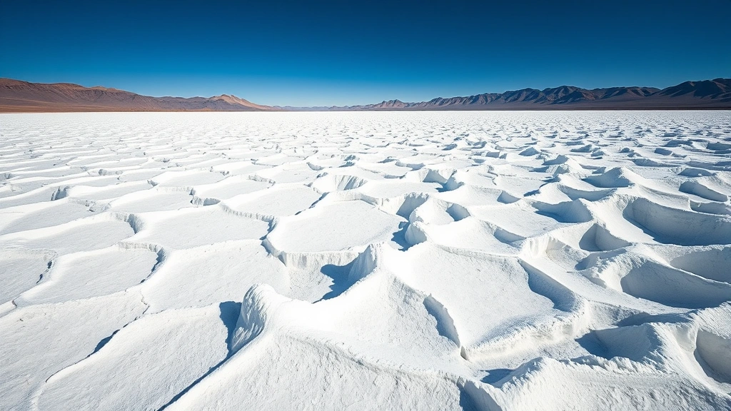 Expansive white crystalline salt formations creating jagged ridges under intense desert sunlight in Death Valley, with dramatic shadows emphasizing texture and depth, no people visible
