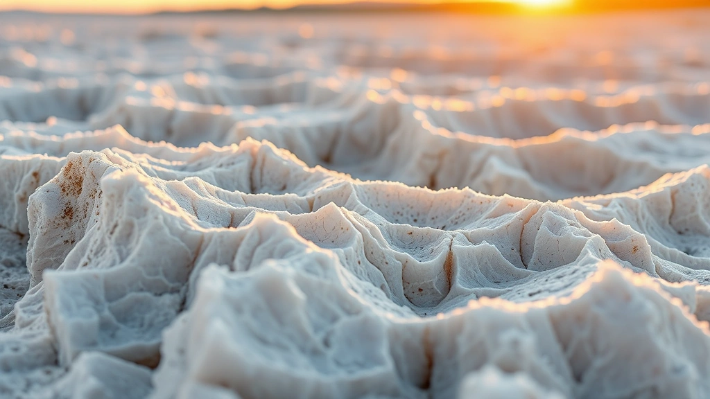 Close-up detail of sharp white salt crystal formations with natural geological patterns, showing the unique texture and structure of the badlands landscape under golden hour lighting