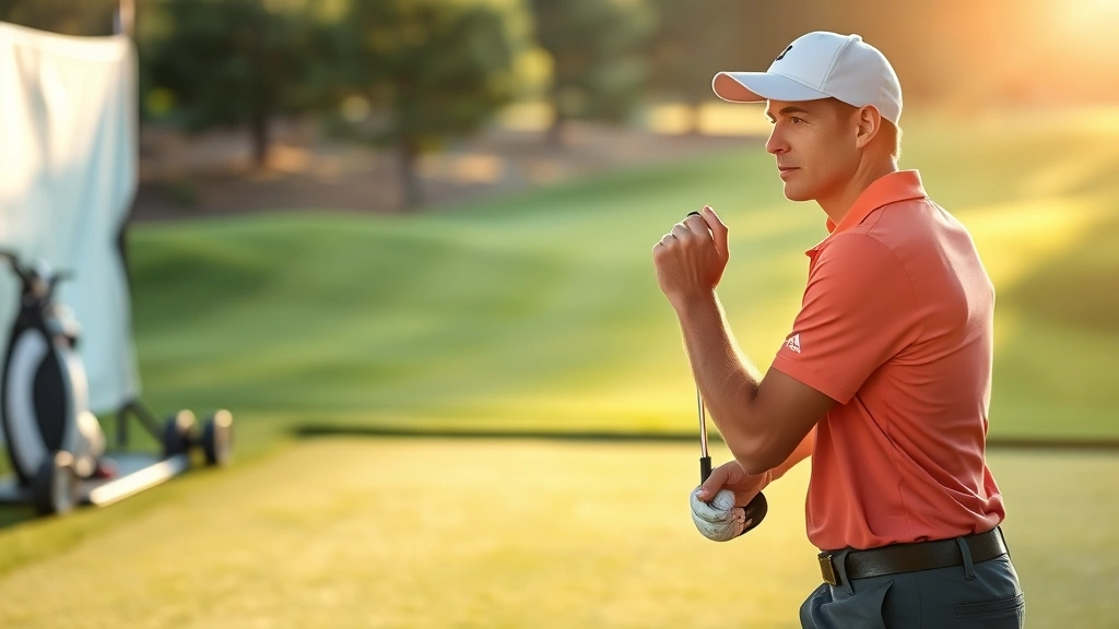 Golfer in proper stance at address position on practice range, athletic posture with relaxed grip, morning sunlight, focused expression demonstrating correct setup fundamentals