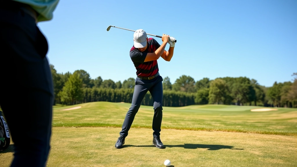 Professional golfer demonstrating proper grip and stance during setup position on practice range with manicured fairway and trees in background, natural daylight