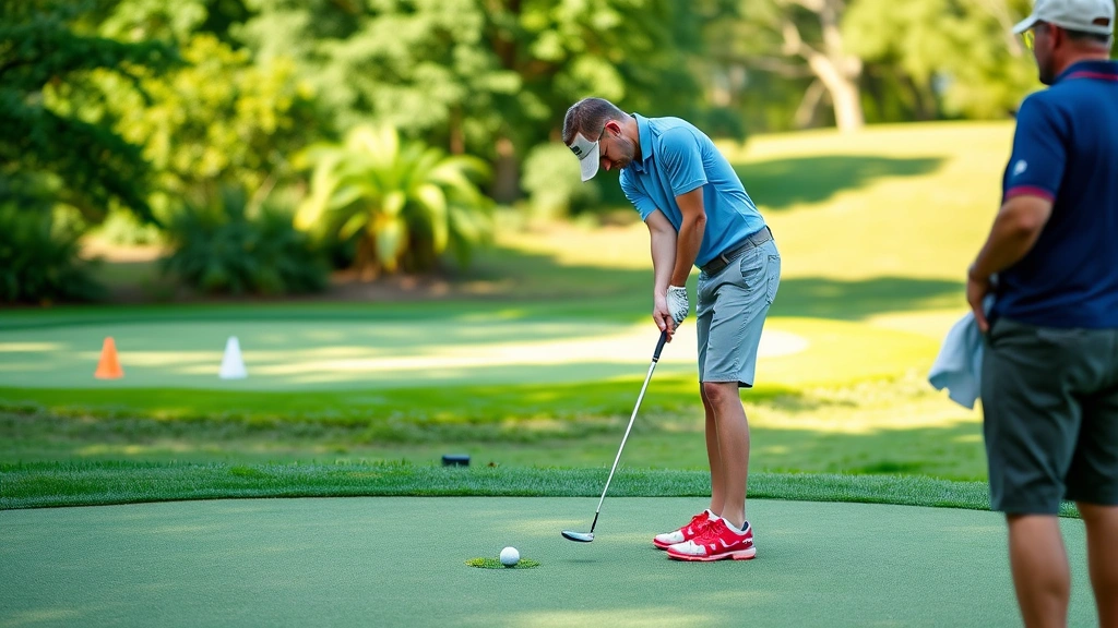 Beginner golfer practicing short-game shots on chipping area, hitting chip shot near practice green with cone markers, instructor observing in background, natural outdoor lighting