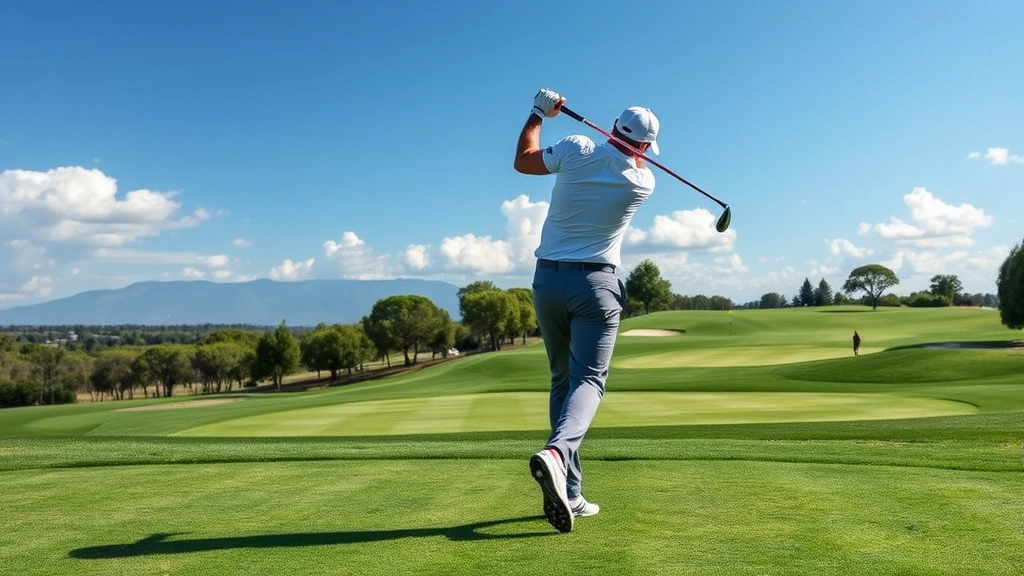 Golfer mid-swing showing proper body rotation and lag position during downswing on championship course with pristine fairway and green visible in distance