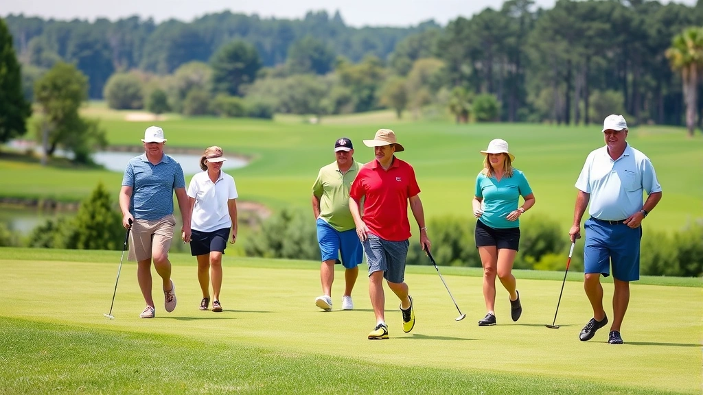Diverse group of beginner golfers on par-3 course playing shorter hole, walking fairway with clubs, supportive community atmosphere, trees and water hazards visible in background