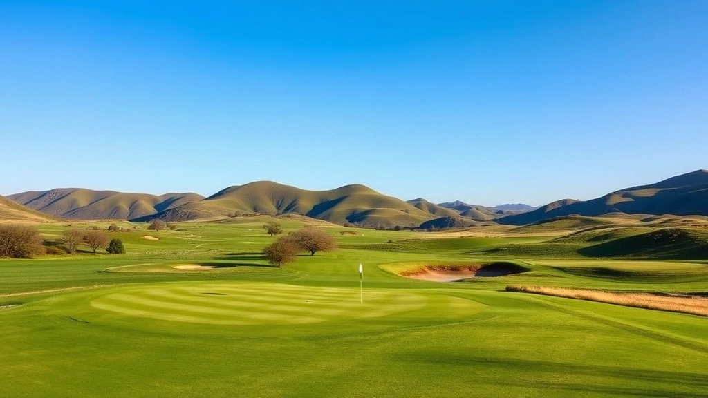 Scenic golf course fairway with rolling hills, natural hazards, and manicured grass under blue sky, photorealistic, no people, classic course design