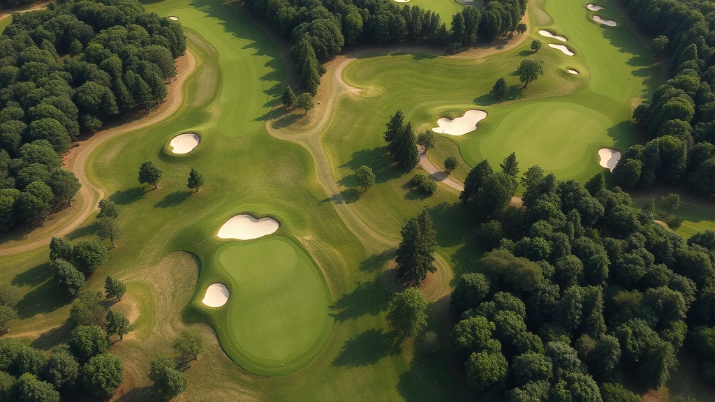 Aerial view of a classic golf course with distinctive crowned fairways and strategic bunkering surrounded by mature trees, showing elevated green complexes and natural terrain integration