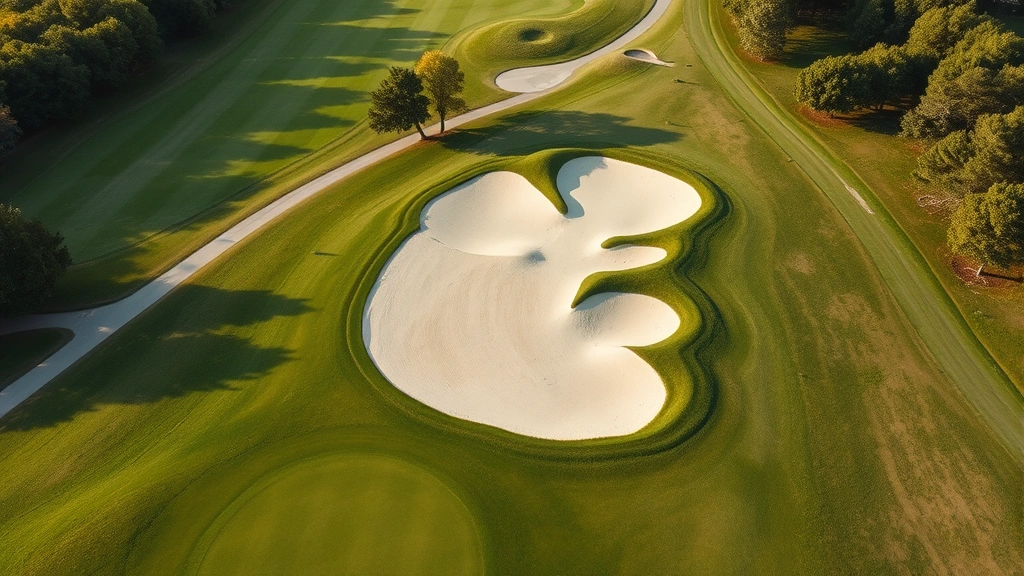 Aerial view of strategic bunker placement along golf fairway with undulating greens and tree-lined borders, professional photography style, daylight