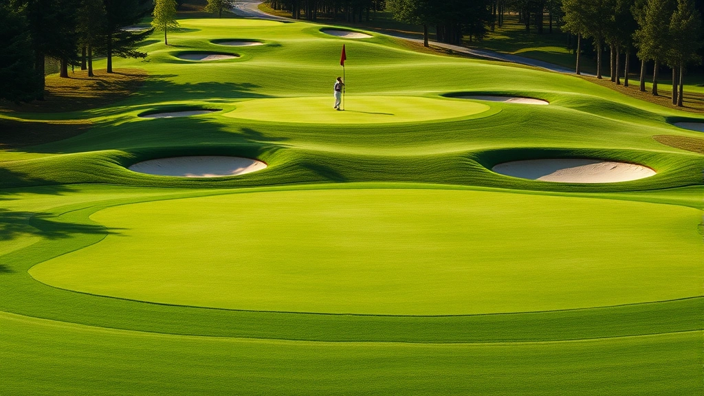 Close-up of a sophisticated golf green with multiple elevation tiers and subtle contours, featuring bunkers positioned strategically to the sides rather than directly in front