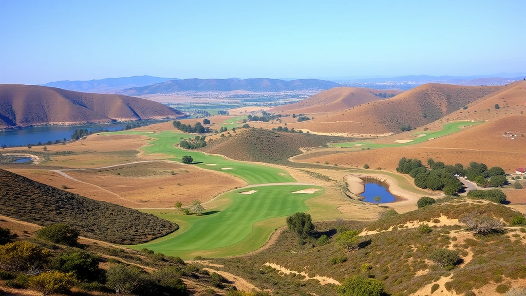 Wide landscape photograph of a historic golf course routing through natural terrain with rolling hills, mature vegetation, and water features integrated thoughtfully into the design
