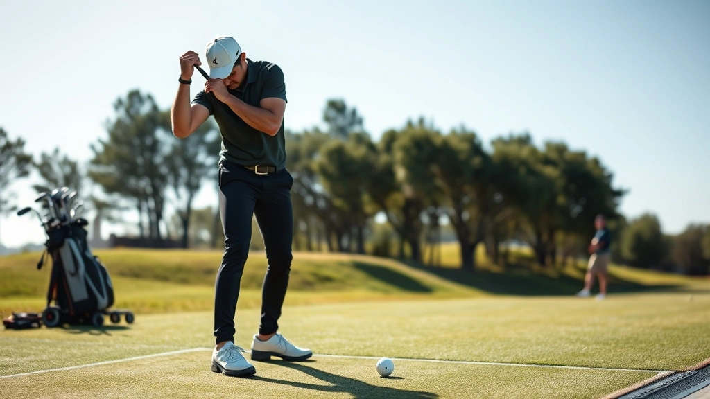 Professional golfer demonstrating proper grip and stance position on practice range with golf balls and clubs visible, sunlit morning conditions