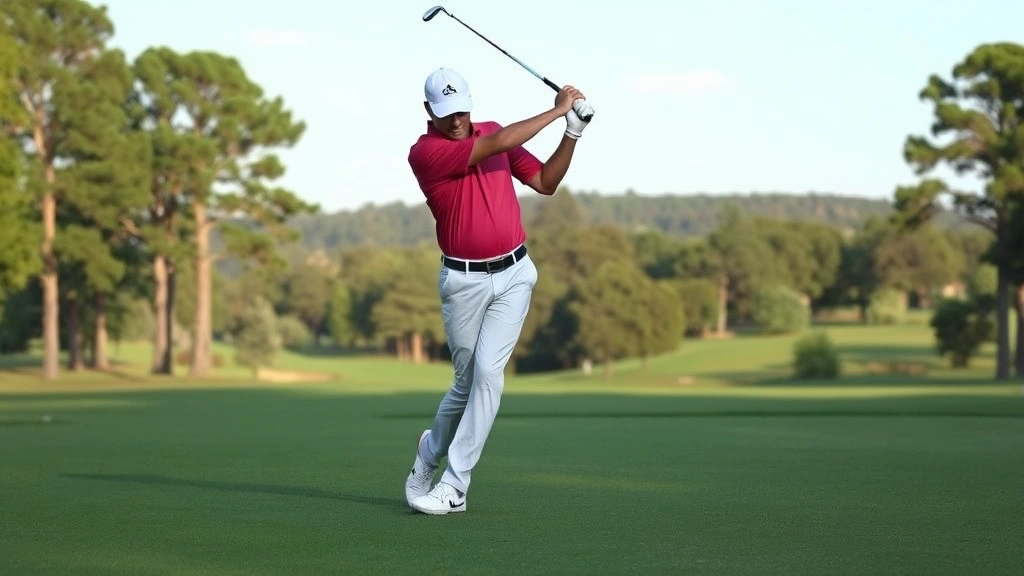 Golfer executing full swing follow-through on fairway with trees and green landscape in background, captured mid-motion during tournament play