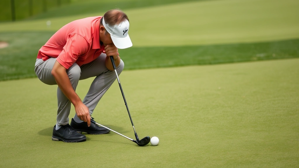 Golfer on putting green studying line with focused expression, bent over analyzing slope before striking putt on manicured grass