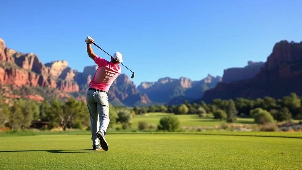 Golfer mid-swing on lush fairway with Utah mountains in background, clear blue sky, professional form captured in motion