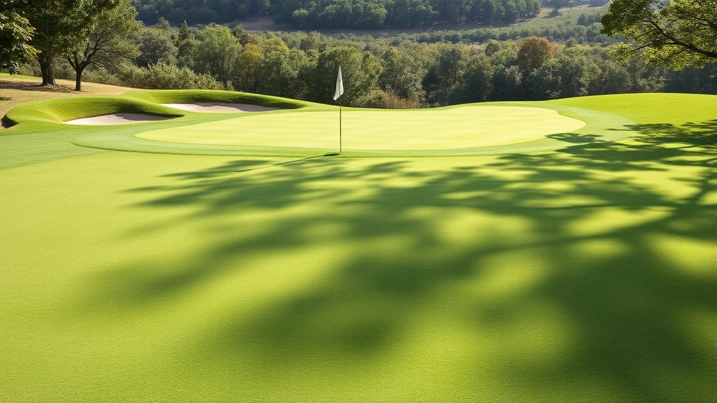 Well-manicured golf green with flag stick, bunkers visible, natural landscape, dappled sunlight on putting surface