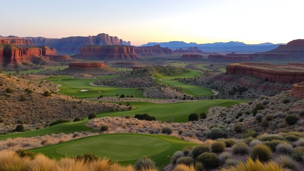 Golf course landscape view showing elevation changes, fairways winding through native vegetation, scenic Utah terrain at sunset