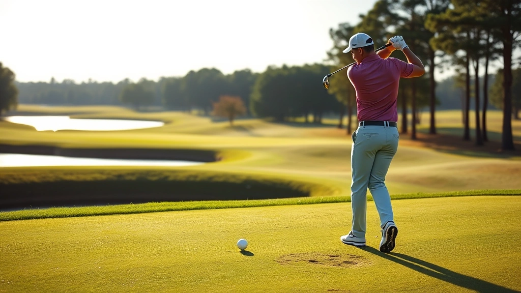 Golfer executing perfect tee shot on manicured fairway with water hazard visible, morning sunlight, professional form