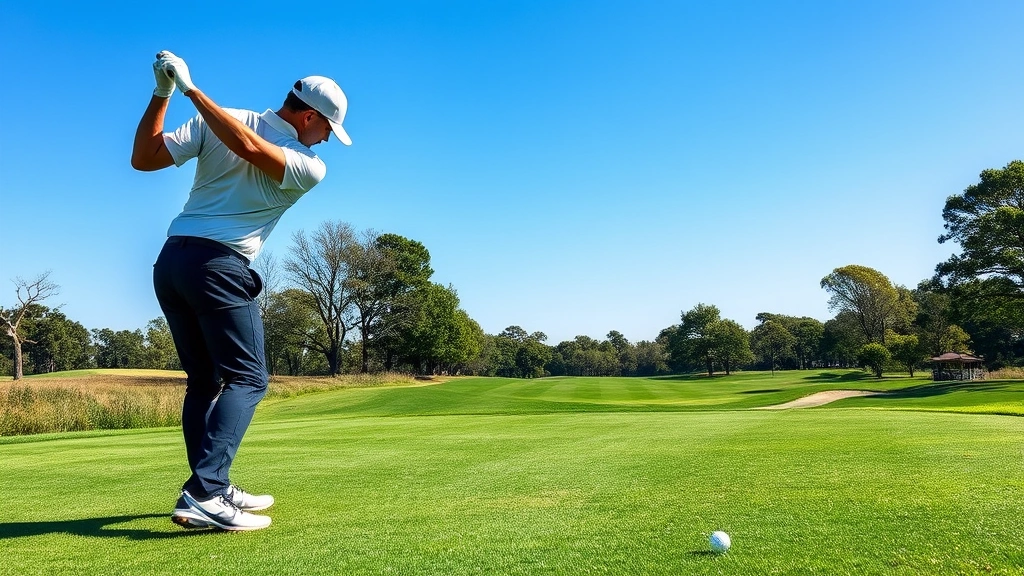 Professional golfer executing perfect swing technique on manicured fairway with clear blue sky, demonstrating proper form and posture