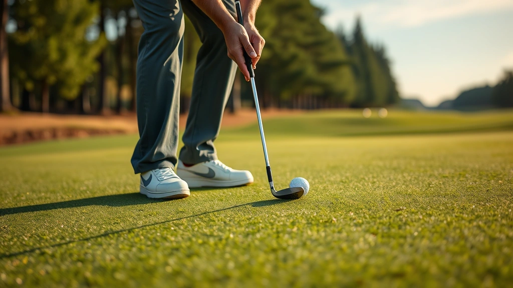 Close-up of golfer analyzing green slope from multiple angles before putting, reading the break carefully