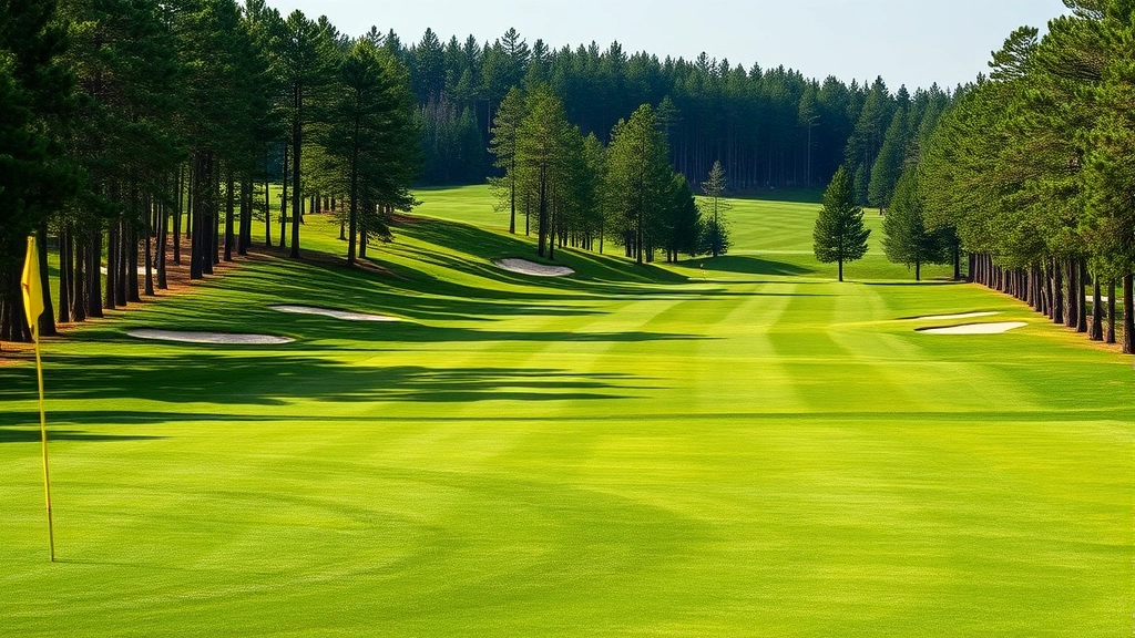 Golf course fairway with manicured grass, bunkers, and trees lining the sides, showing strategic course design and elevation changes