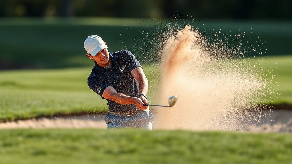 Golfer executing bunker shot from sand trap with precision technique, sand spraying, concentrated focus
