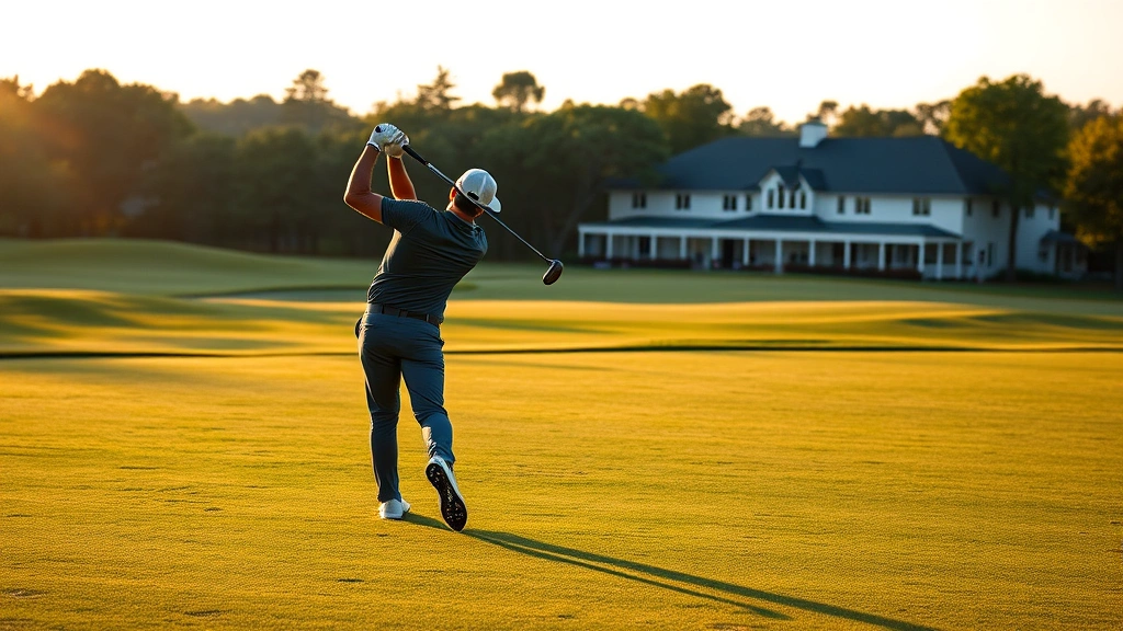 Golfer mid-swing on a pristine fairway with clubhouse visible in background during golden hour lighting, capturing moment of athletic execution