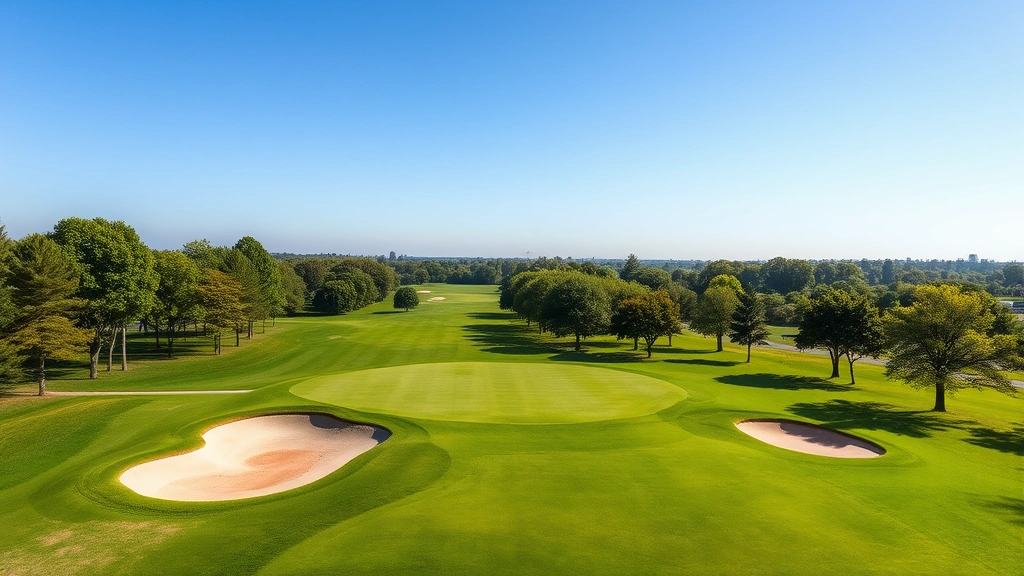 Aerial view of lush green golf course fairway with sand bunkers, trees lining the edges, clear blue sky, professional maintenance visible, sunlit landscape