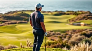 Golfer standing on elevated tee box overlooking coastal fairway with bunkers, wearing polo shirt and cap, morning sunlight, professional posture