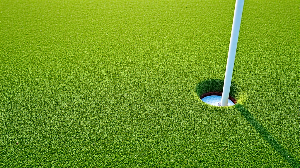 Close-up of pristine putting green with undulating contours, morning dew on grass, golf flag in cup, manicured appearance, natural lighting showing texture detail