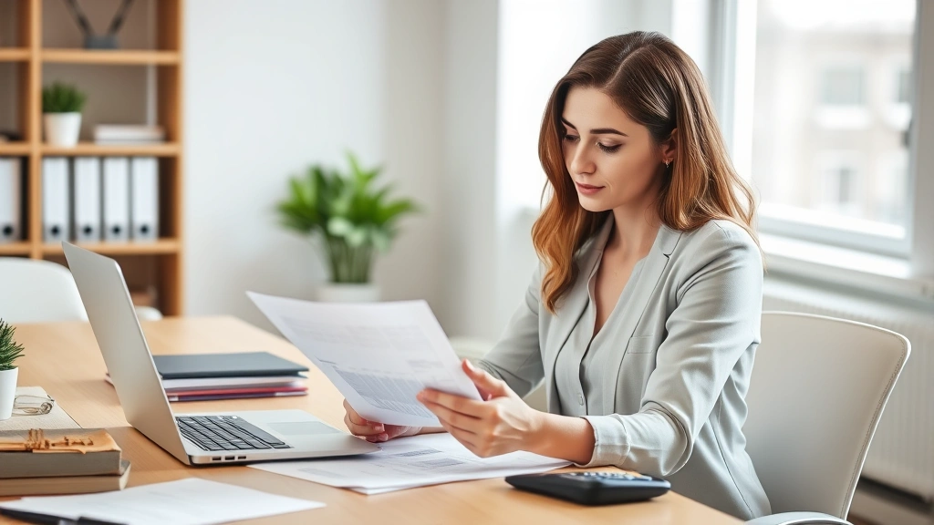 Professional woman studying tax documents and laptop at organized desk in modern office, natural lighting, focused expression, papers and calculator visible, clean workspace