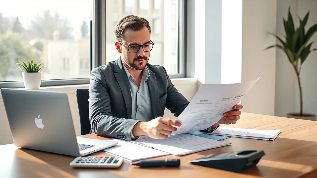 Professional adult studying tax documents at modern desk with laptop, natural sunlight through window, focused expression, organized workspace with tax forms and calculator nearby