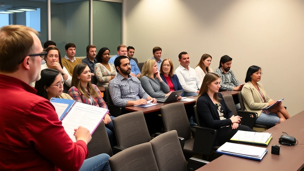 Diverse group of adult students in classroom setting attending tax preparation lecture, instructor at front with presentation materials, engaged participants taking notes, professional environment