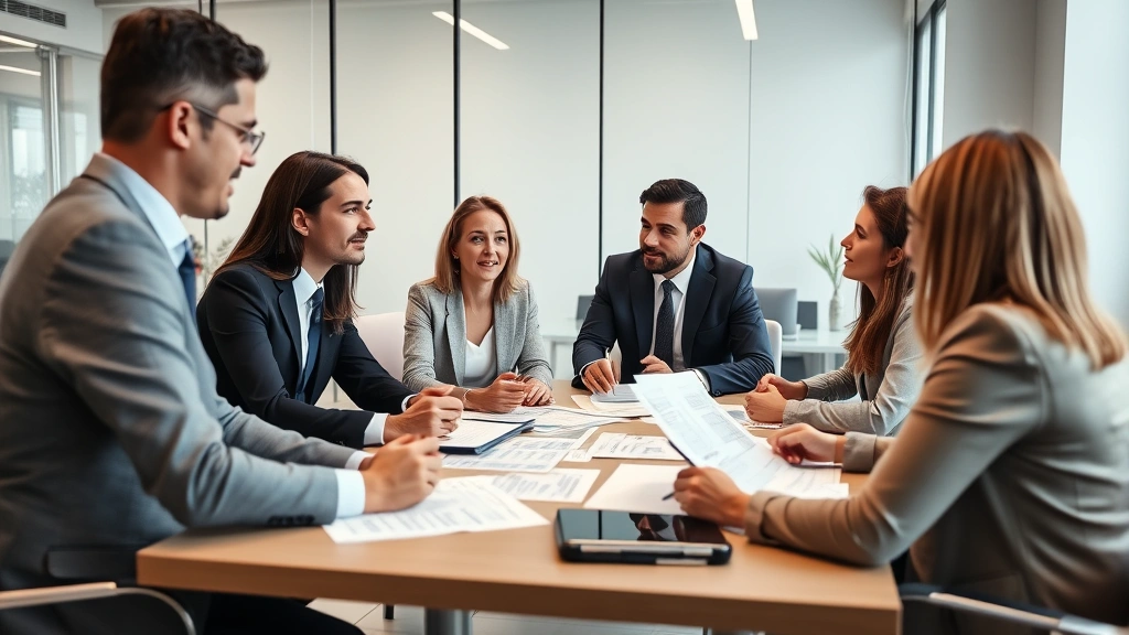 Diverse group of tax professionals in modern office discussing client files and tax strategy, collaborative atmosphere, visible charts and financial documents on table, professional business attire
