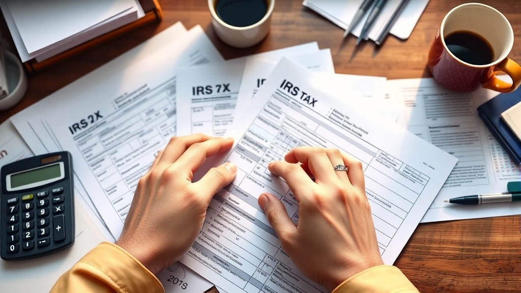 Close-up of hands holding IRS tax forms and documents, calculator showing numbers, coffee cup nearby, warm natural light, organized desk arrangement, professional study materials