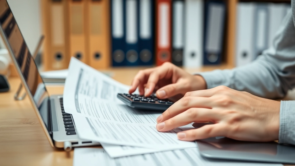 Close-up of hands reviewing tax documents and using calculator with laptop visible, organized filing system in background, professional home office setting with proper lighting