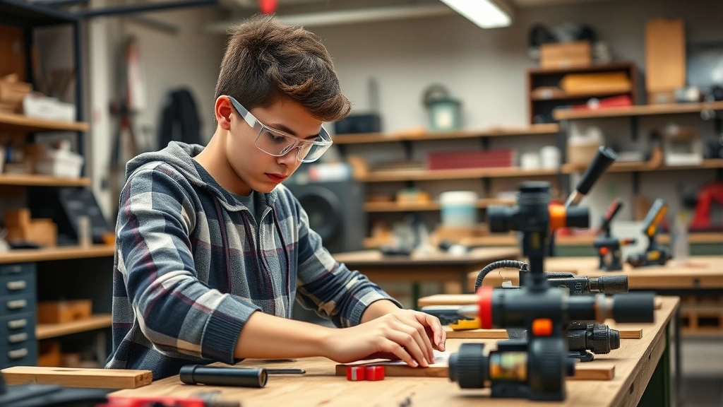 A high school student wearing safety goggles working with tools at a workbench in a vocational classroom, concentrating on a hands-on project with various tools and materials visible