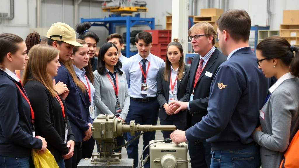 A diverse group of students in professional attire gathered around an industry professional demonstrating equipment during a workplace tour, showing genuine interest and engagement