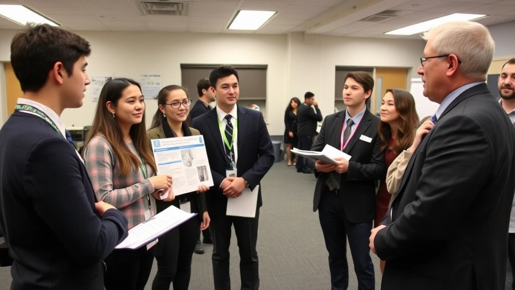 Students in professional attire presenting project findings to instructor and industry professional in collaborative learning environment demonstrating workplace communication