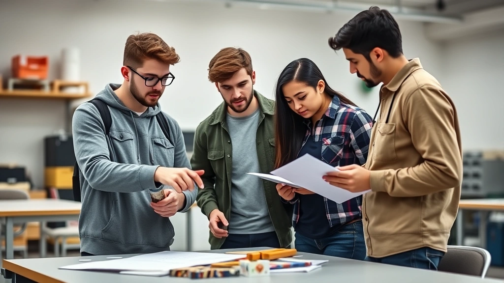 Students collaborating on a group project in a modern vocational classroom, with one student pointing to materials while others take notes, showing active teamwork and problem-solving