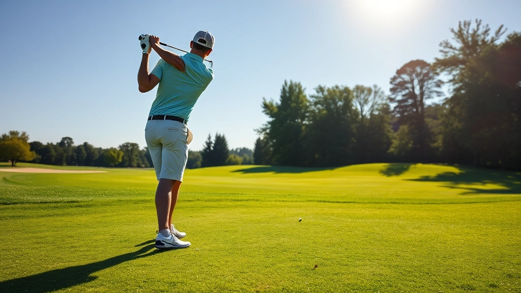 Beginner golfer in bright sunlight hitting approach shot from fairway on short par-3 hole, lush green grass and distant pin flag visible, relaxed confident posture