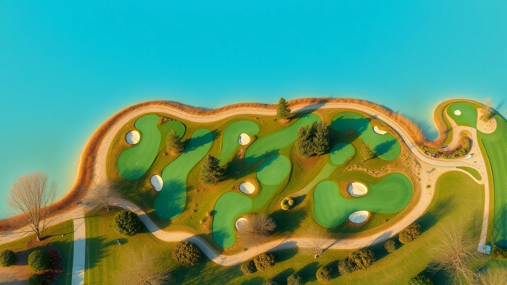 Wide overhead view of compact executive golf course with multiple short holes, manicured greens, small bunkers, and tree-lined fairways creating scenic layout